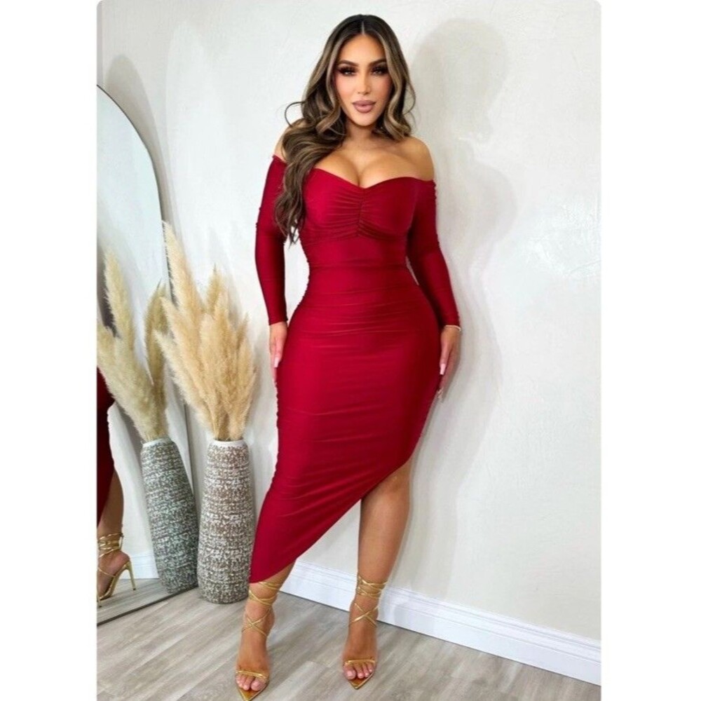 Stylish Women Sexy Off-Shoulder Long Sleeve Ruched Bodycon Dress Party Size M